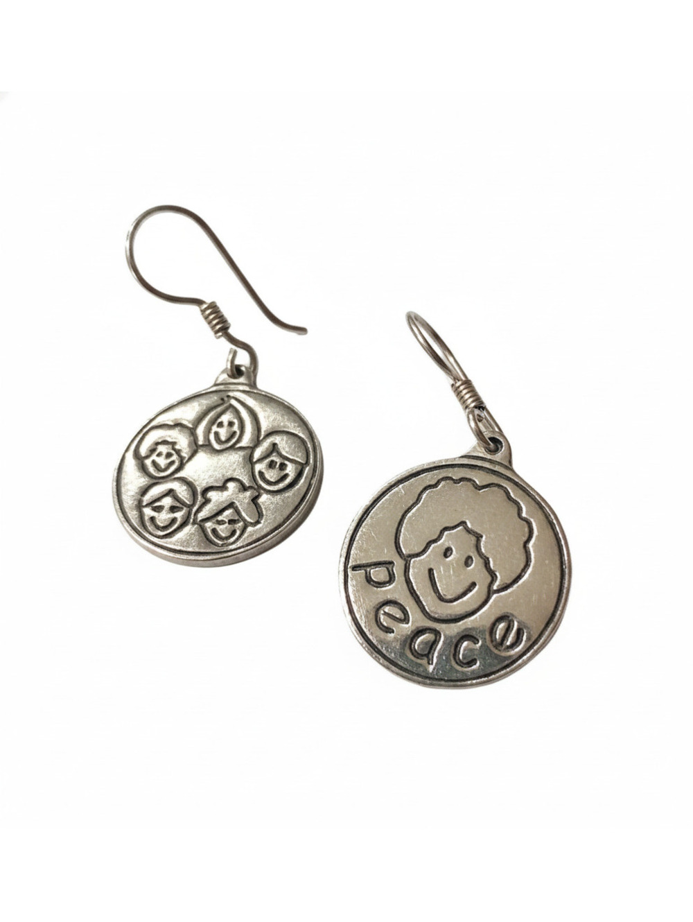 Funky Mismatch Mexico Sterling Silver Peace Faces Dangle Fishhook Earrings CCC12